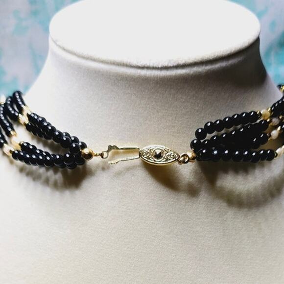 Vintage Black Round Beads, Rice Pearls and Gold Accents Multistrand Necklace - Picture 5 of 5